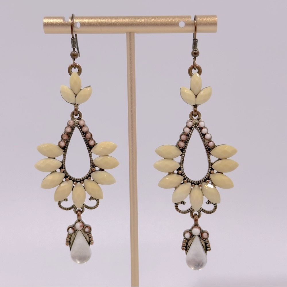 Light Yellow Cream Faceted Marquise Stone Chandelier Dangle French Wire Earrings